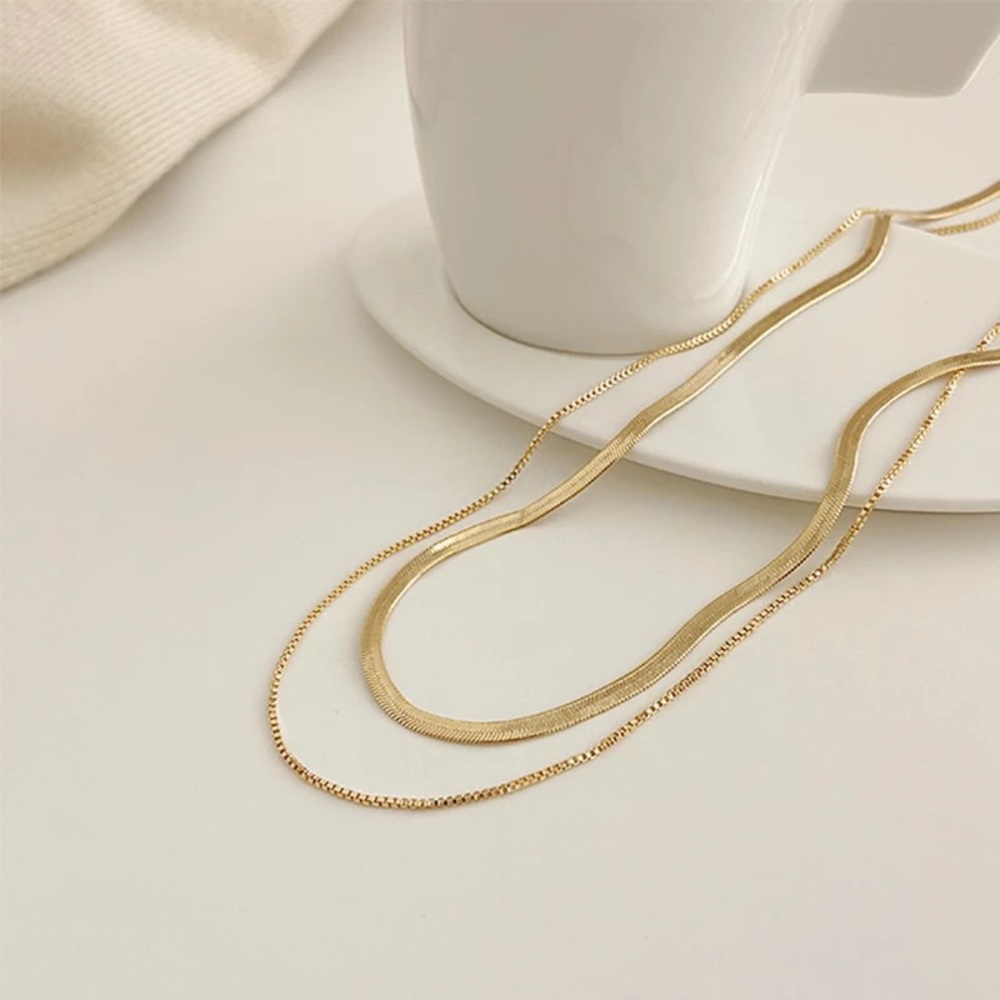 Herringbone Layered Snake and Box Chain Necklace - Picture 4 of 6